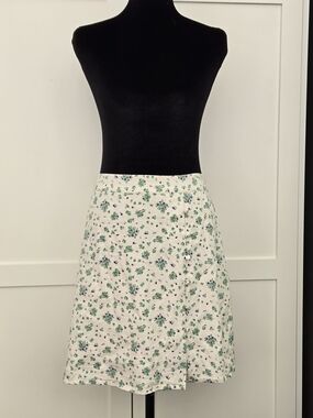 Frank & Oak Ditsy Floral White Green Blue A-Line Skirt Side Zipper Size XL